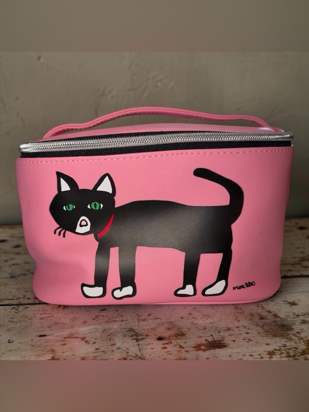 Marc Tetro Pink Cat Print Cosmetic Case with Top Handle